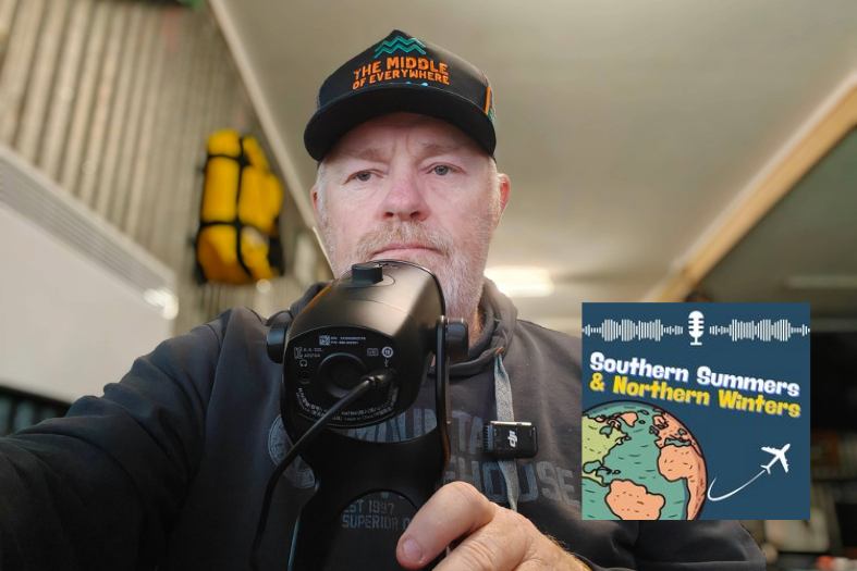 sitting behind a  icrophone