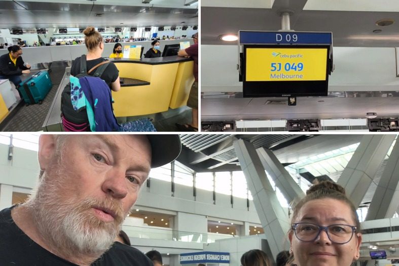 Mark and Bec checking in at Manila International Airport for a Cebu Pacific budget flight to Melbourne
