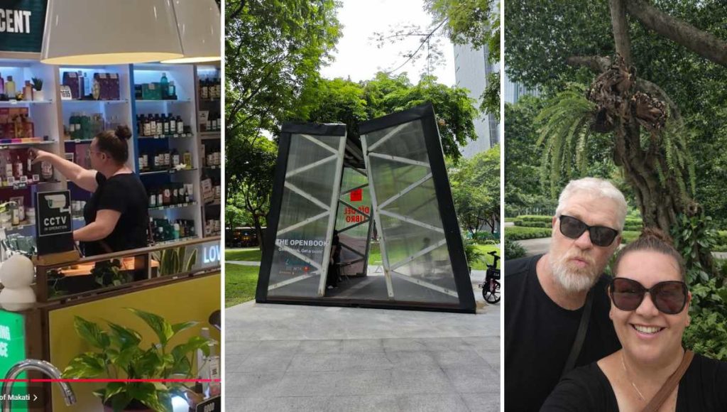 Mark and Bec from Street Eats and Window Seats exploring the shopping and parks of the Makati Greenbelt in Manila