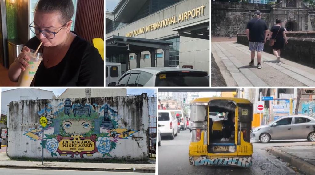 Collage of scenes from 5 days in Manila including Mark and Bec from Street Eats and Window Seats, Manila airport, traffic, coffee and street art