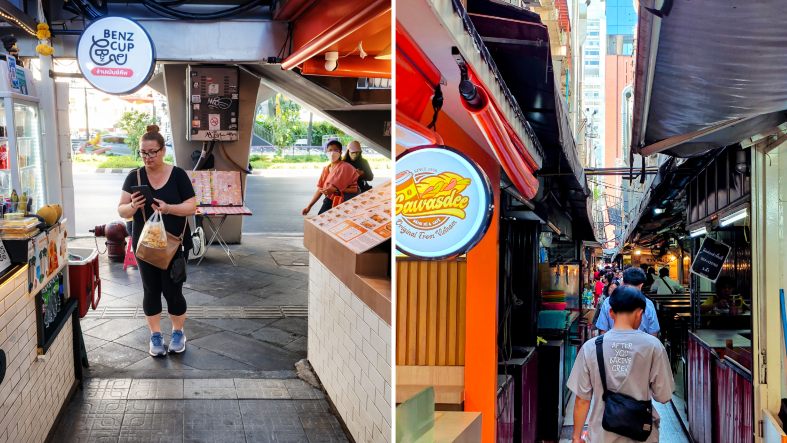 Hidden street food alleyway near Siam BTS in Bangkok with crispy pork stalls and smoky woks