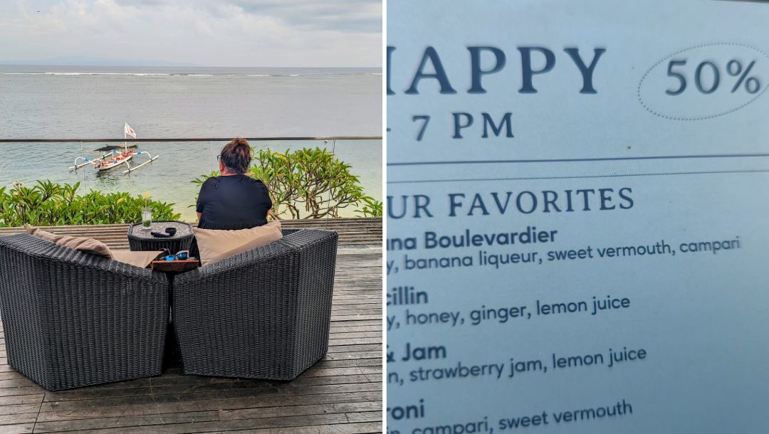 Happy hour drinks menu in Bali showing prices before tax is added at a beachfront bar