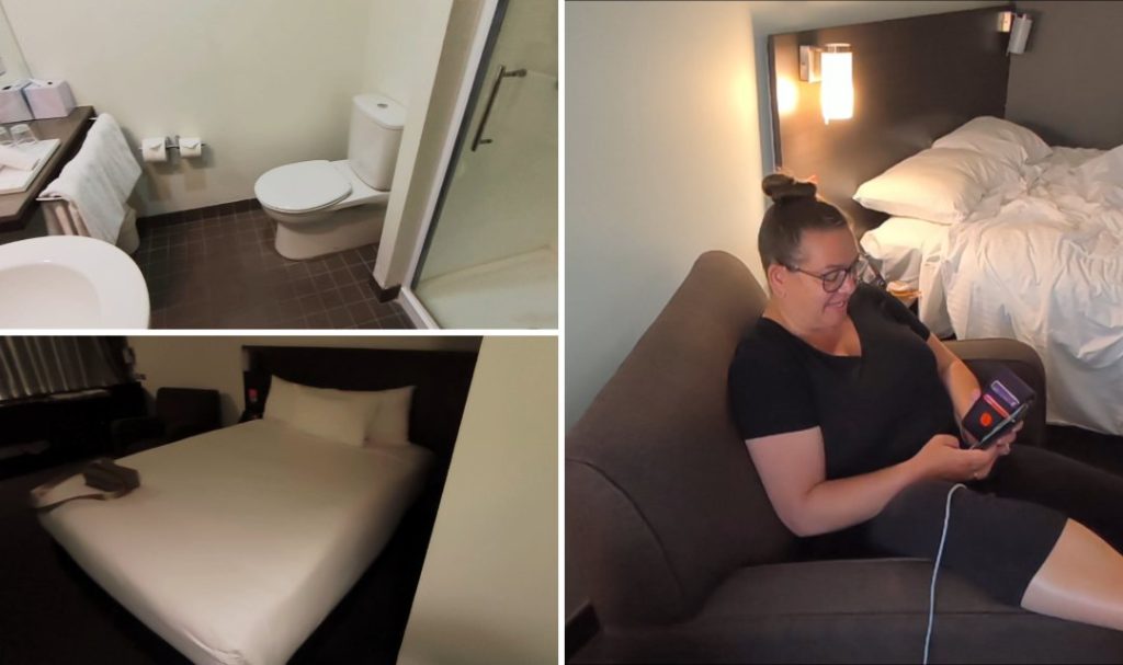 Ibis Glen Waverley hotel room collage showing queen bed, bathroom and couch — budget hotel Melbourne eastern suburbs