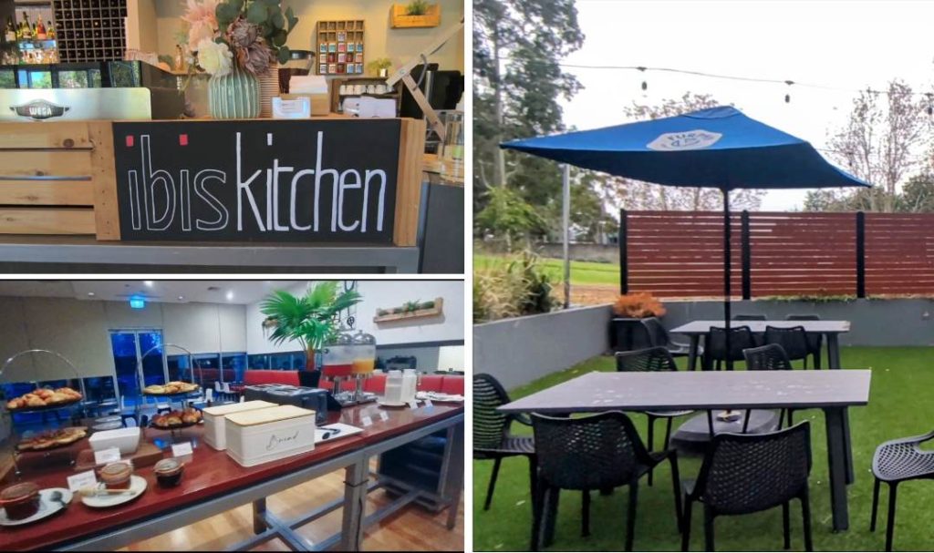 Ibis Glen Waverley kitchen breakfast buffet and outdoor seating area — food and beverage facilities at budget hotel Melbourne