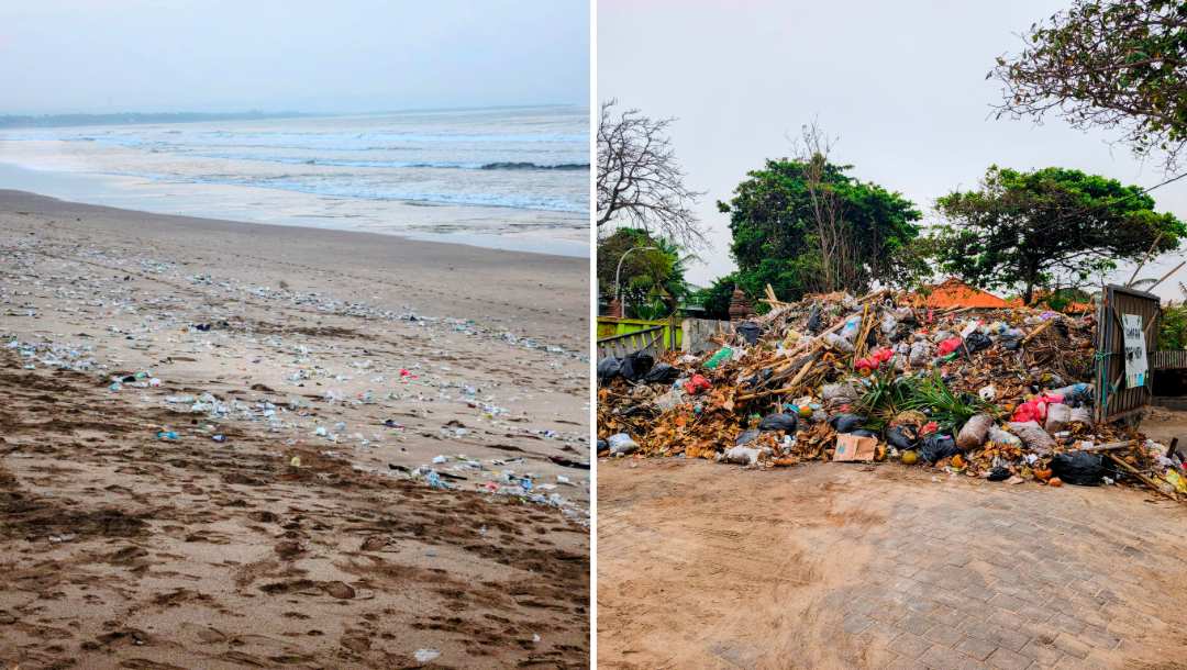 Rubbish washed up on Legian Beach in Bali during the wet season