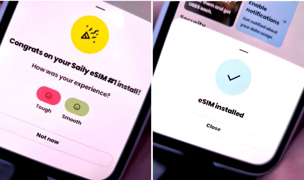 Saily eSIM installed and showing on a mobile phone settings screen alongside an Australian SIM card
