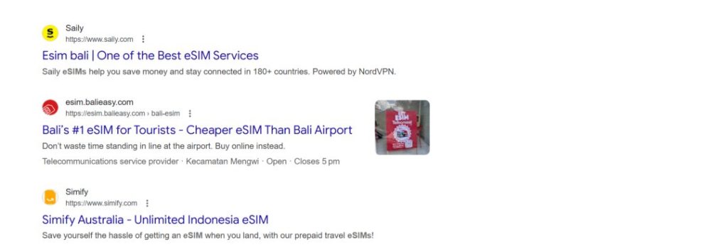 Google search results for best eSIM for Bali Indonesia travel showing Airalo Saily and other providers