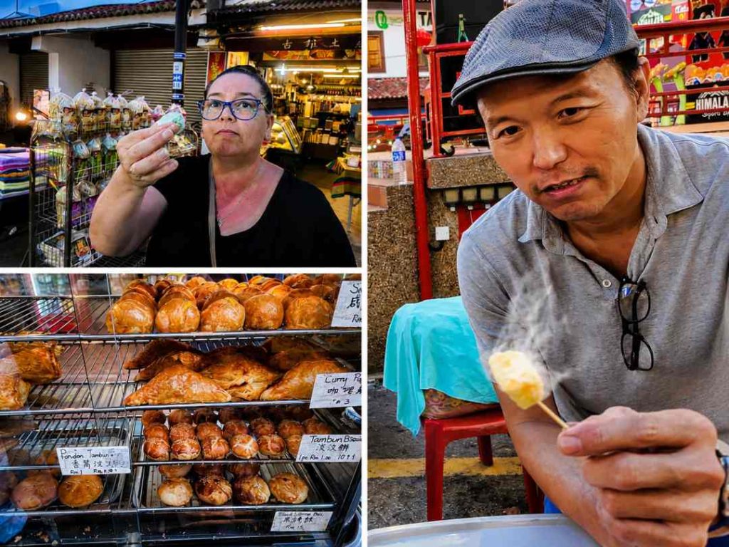 Bec trying palm sugar rice balls curry puffs at a Malacca bakery and liquid nitrogen corn cereal at Jonker Street Night Market