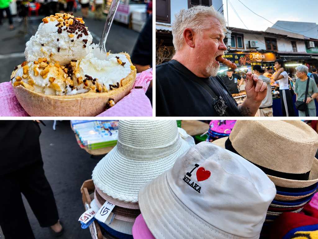 Coconut ice cream in a coconut shell Mark eating a sausage stick and souvenir hats at Jonker Street Night Market Malacca
