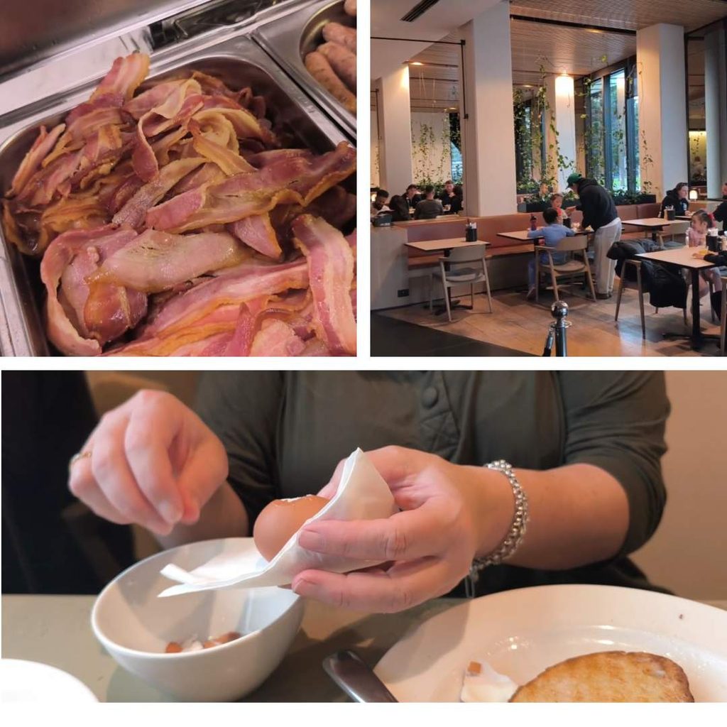 Breakfast buffet at Vibe Hotel Docklands Melbourne with bacon in the bain marie, the dining area and Bec peeling her boiled egg
