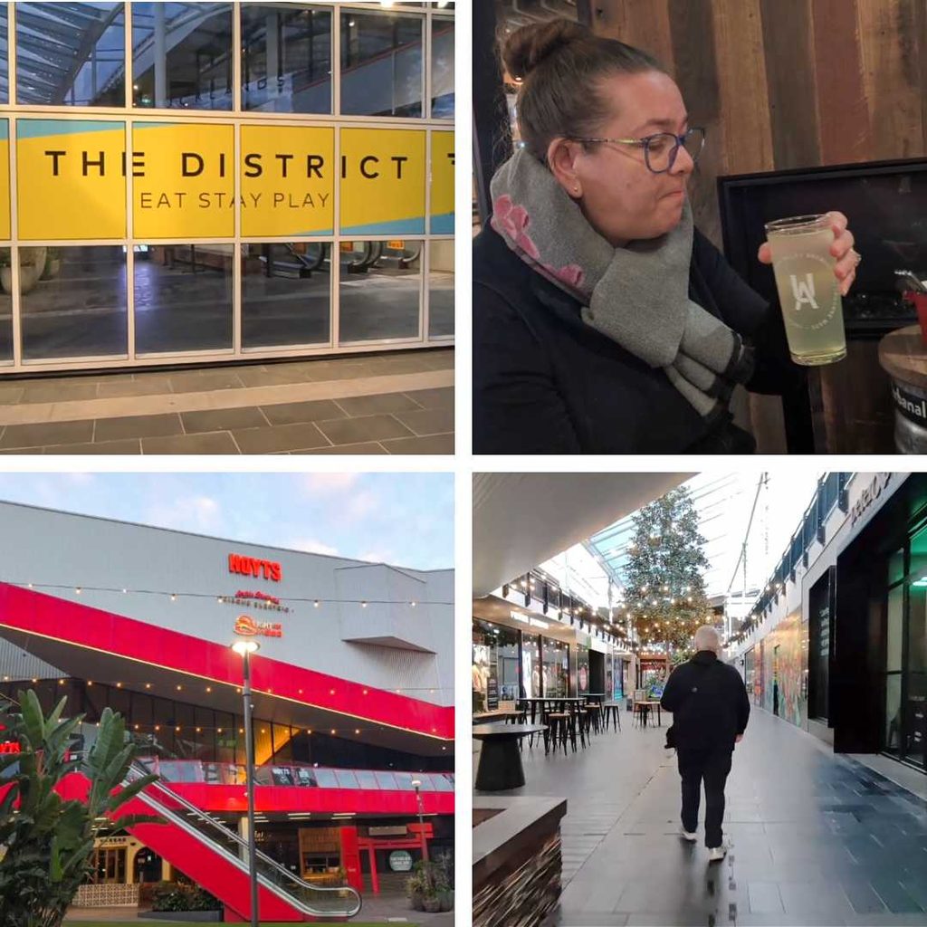 The District Docklands Melbourne with the Hoyts cinema, Urban Alley Brewery and the quiet walkways across from Vibe Hotel