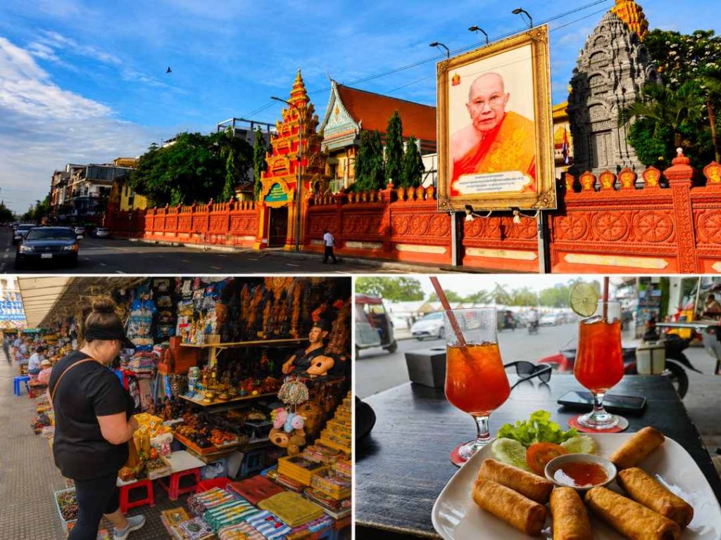 Phnom Penh riverside temple, Bec shopping at a souvenir stall and spring rolls with cocktails at Harry's Bar in Phnom Penh Cambodia