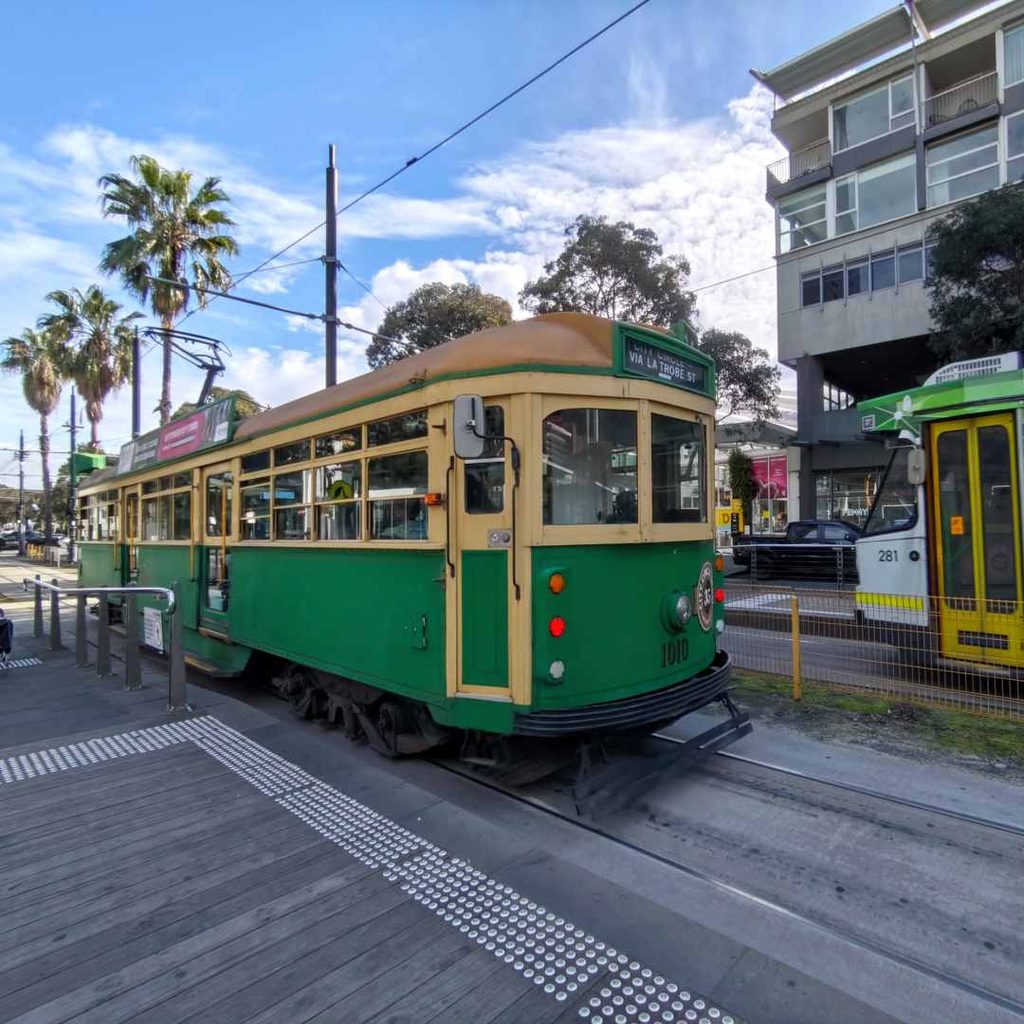 Route 35 City Circle heritage tram at the Waterfront City Docklands Drive stop in the Melbourne free tram zone
