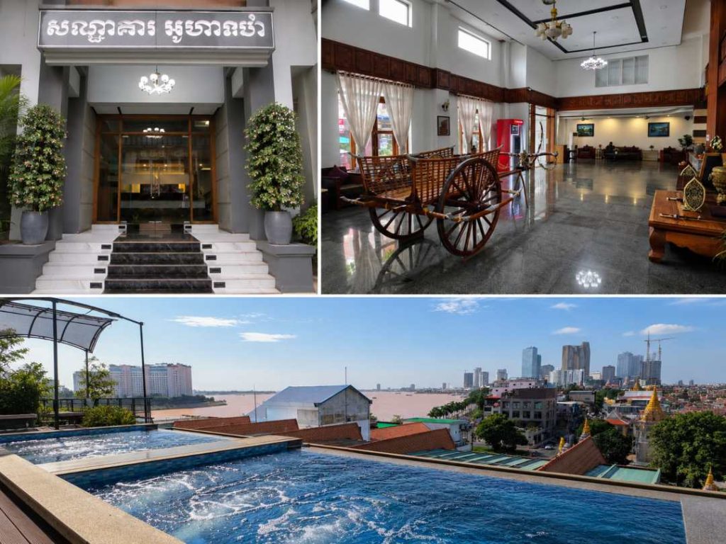 Ohana Palace Hotel Phnom Penh entrance, lobby with traditional Cambodian cart and the rooftop pool overlooking the Tonle Sap River