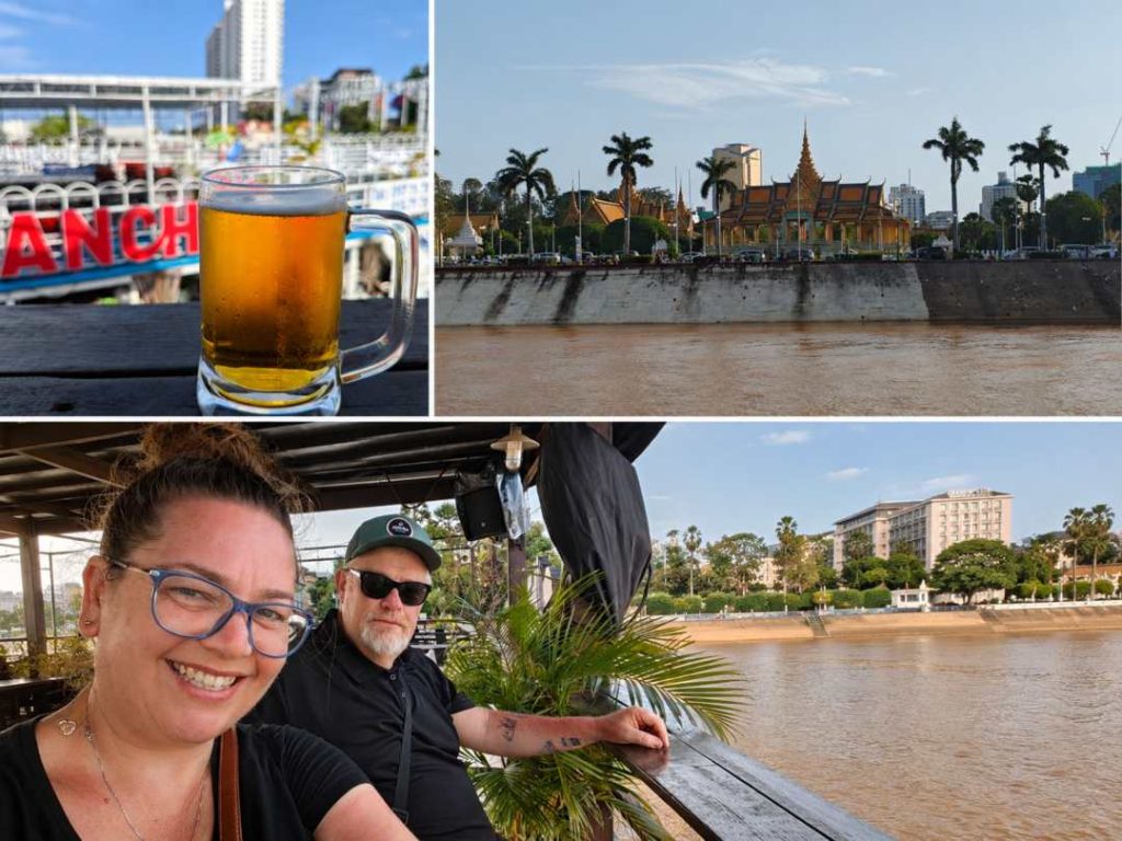 Mark and Bec from Street Eats and Window Seats on the Phnom Penh sunset river cruise with Angkor beer and views of the Royal Palace from the Tonle Sap River