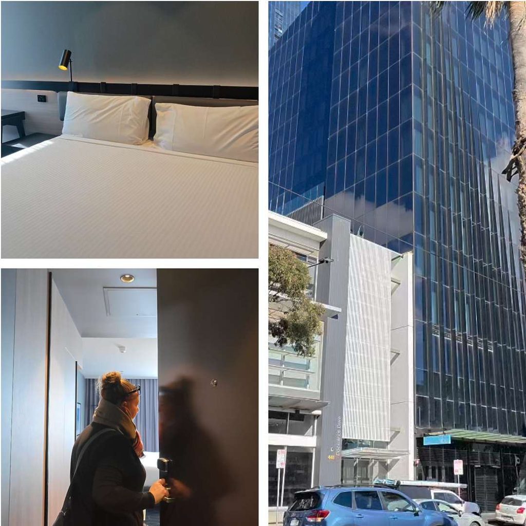 Vibe Hotel Docklands Melbourne exterior on Docklands Drive with the king bed and Bec walking into the guest room
