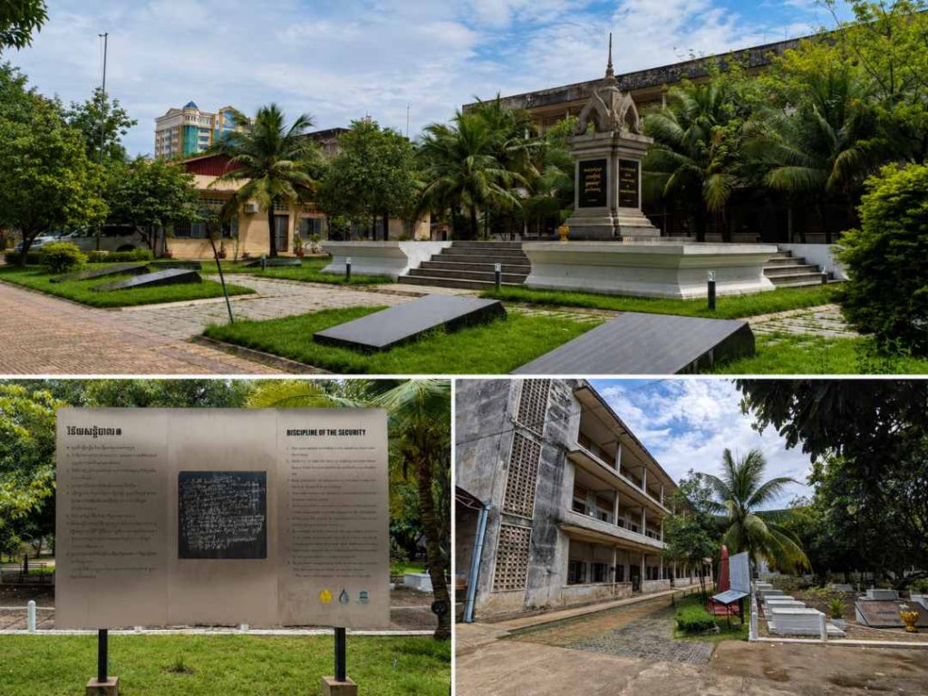 S21 Tuol Sleng Genocide Museum Phnom Penh showing the memorial, the graves in the courtyard and the former school buildings used as a prison by the Khmer Rouge