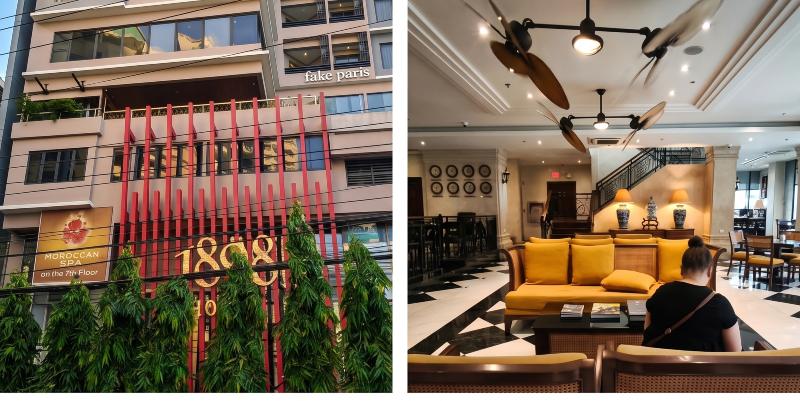 Composite image of the front and lobby of hotel 1898 colonia in makati manila
