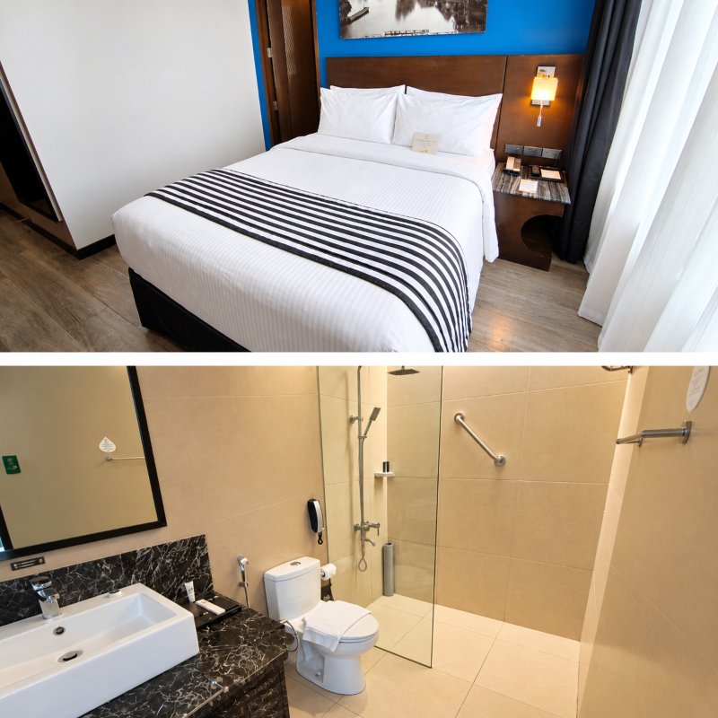 the inside of a hotel room at Hotel Colonia 1898 in manila Philippines, showing the debrooma nd bathroom