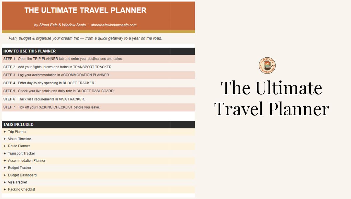 spread sheet and title for the ultimate travel planner digital download from street eats and window seats